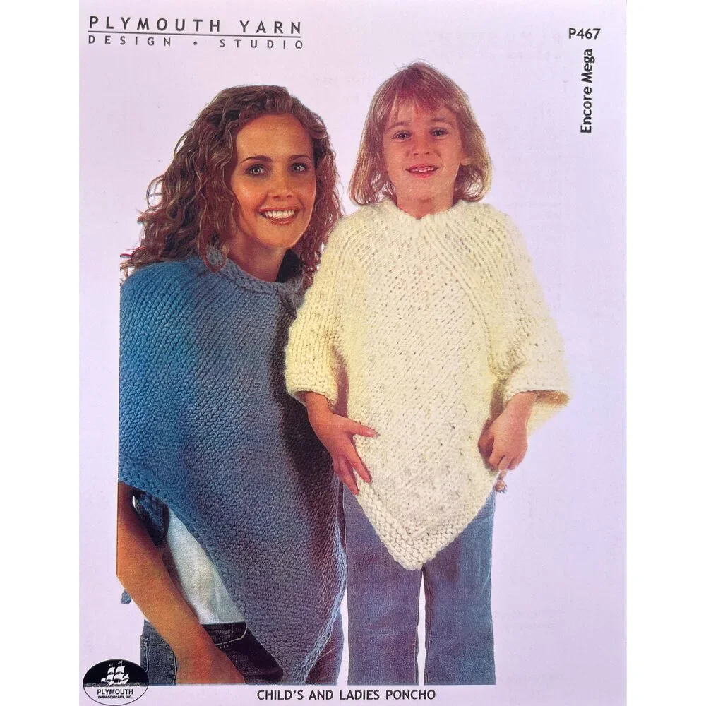New 2004 JoAnne Turcotte Plymouth Yarn P467 Child Ladies Poncho Knitting Pattern